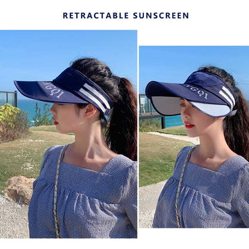 aiiibabyyy Summer Letter Print Empty Top Hat Women Retractable Big Brim Sun Hat Adjustable Striped Cycling Sunscreen Cap Beach Cap